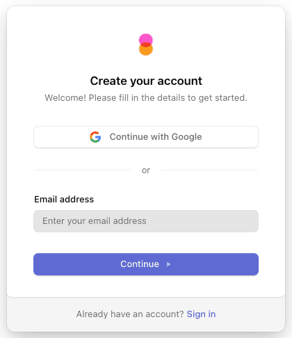 The Tulsk sign-up screen — Continue with Google, or sign up with an email address.