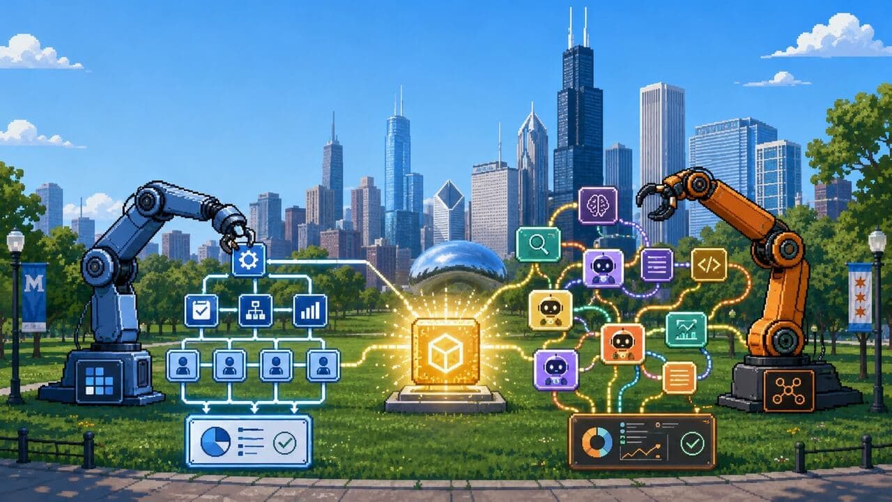 A pixel-art split scene with two robot arms — one tending an orchestration network of coding agents, the other tending a workspace network of mixed-discipline agents — joined by a shared central node, against the Chicago skyline.