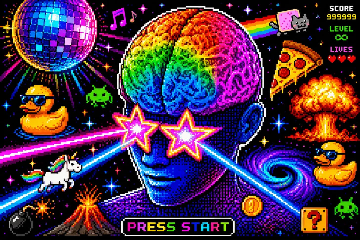 A neon pixel-art scene with a rainbow brain, laser star glasses, disco ball, arcade icons, and a press start prompt.