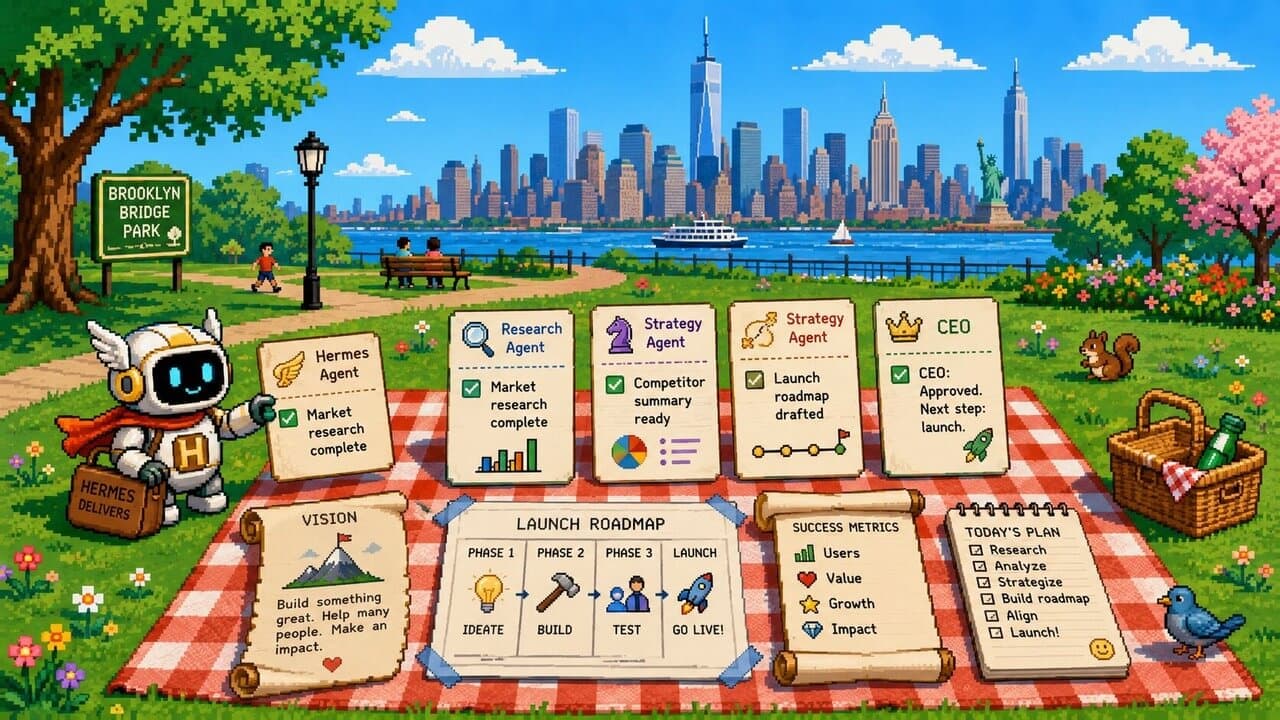 A pixel-art Hermes agent delivering completed research and strategy cards to a team of AI agents working on a launch roadmap, set against the New York City skyline.