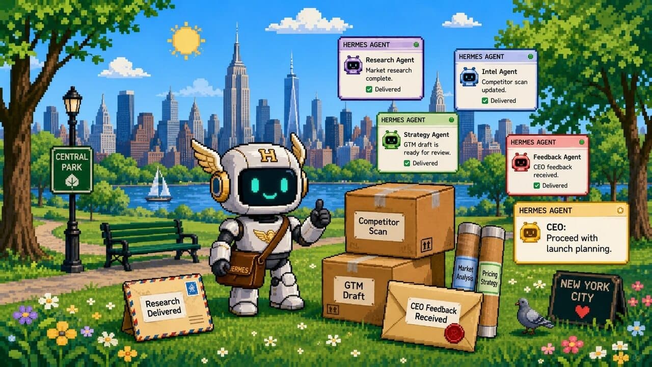 A team of AI agents collaborating on a shared workspace, with a human orchestrator at the center